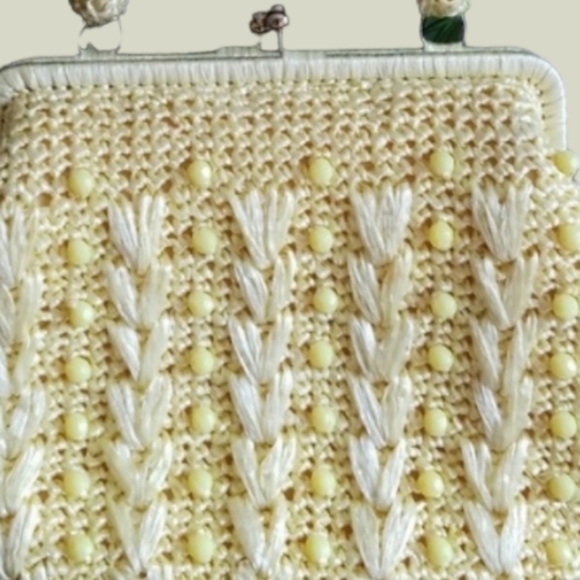 Vintage Mid Century Bradlees Yellow Straw Beaded Bag Made in Japan - Picture 8 of 11
